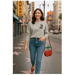 H&M Rhinestone Bead Cherry Appliqué Crew Neck Sweatshirt Lt Gray Melange Sz S